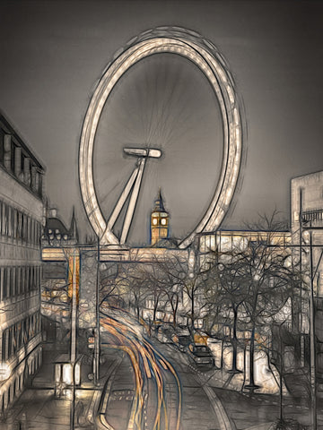 Night shot of London street with Millennium wheel in background