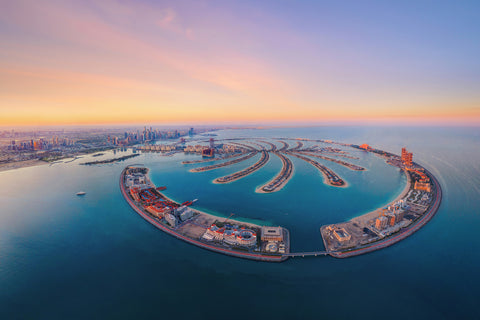 Aerial view of The Palm Jumeirah Island, Dubai Downtown skyline, United Arab Emirates - UAE - Wall Art - By tampatra- Gallery Art Company