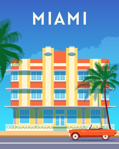 Miami city travel retro poster - Wall Art - By Rinat Khairitdinov- Gallery Art Company