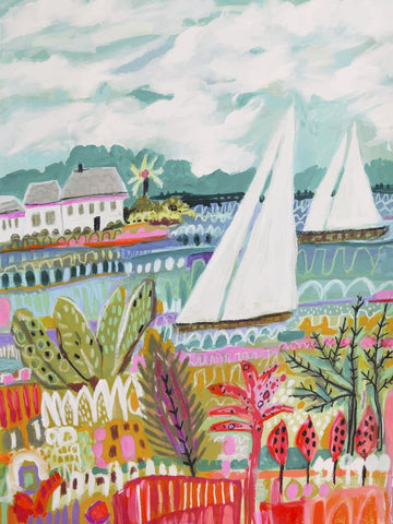 Two Sailboats and Cottage II - Wall Art - By Karen Fields- Gallery Art Company