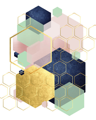 Gold Blush Navy Mint Hexagonal - Wall Art - By Urban Epiphany- Gallery Art Company