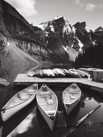 Moraine Lake Three Canoes BW Crop - Wall Art - By Alan Majchrowicz- Gallery Art Company