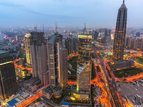 Aerial view of skyscrapers at dusk, Shanghai - Wall Art - By Assaf Frank- Gallery Art Company