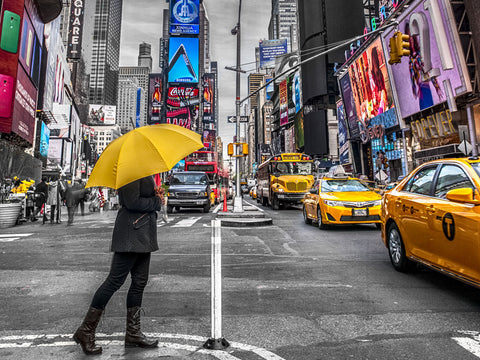 Man with yellow umbrella at Times square, New York - Wall Art - By Assaf Frank- Gallery Art Company