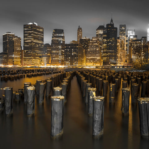 Evening shot of Lower Manhattan Skyline with pier pilings in east river, New York, USA - Wall Art - By Assaf Frank- Gallery Art Company