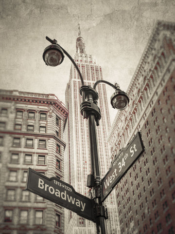 Street lamp and street signs with Empire State building in background - New York - Wall Art - By Assaf Frank- Gallery Art Company