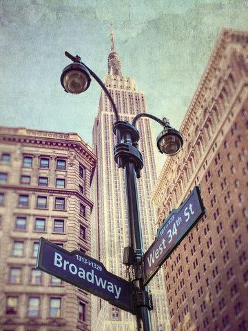 Street lamp and street signs with Empire State building in background - New York - Wall Art - By Assaf Frank- Gallery Art Company