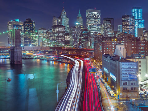 Strip lights on streets of Manhattan by east river, New York - Wall Art - By Assaf Frank- Gallery Art Company